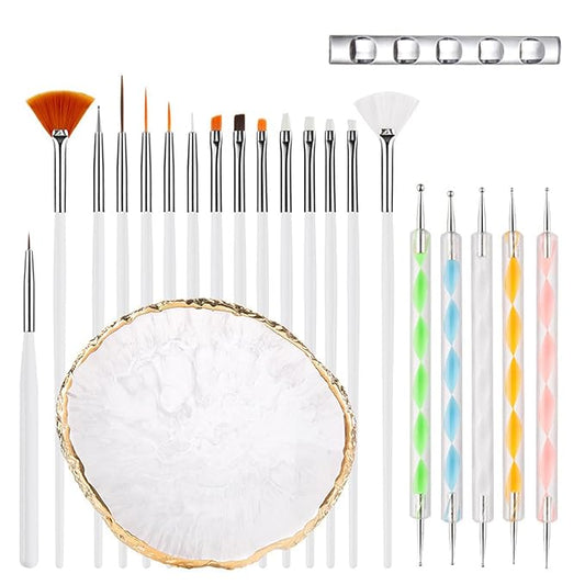 Nail Art Brush 22 Piece Set, 2 Way Acrylic Silicone Engraving Pen Dotting Pen Tools Nail Art Kit, Resin Nail Art Palette, For Nail Art DIY Home Salon Makeup Display Board (White)