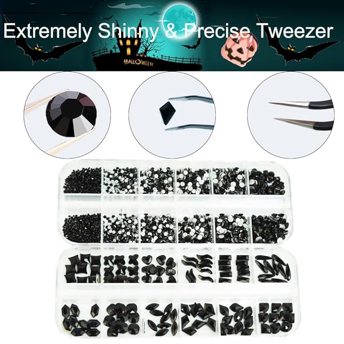2680Pcs Black Rhinestones Nail Gems, 120pcs Big Black Nails Charms with Bling Flatback Round Beads, Light Black Clear Diamond Stones Jewelry Supplie for DIY Face Eyes Makeup Crafts Decoration