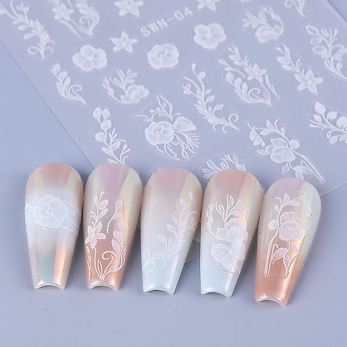Flower Nail Art Stickers Decals 5D Embossed White Flowers Nail Decals 4PCS Floral Leaf Nails Design Adhesive Flower Stickers for Nails Manicure Accessories for Women Summer Fall Nail Art Decorations