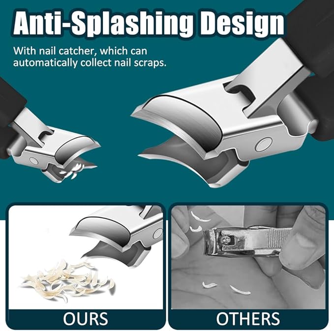 Wide Jaw Opening Anti-Splash Slanted Nail Clipper, 2025 New Curved Toenail Clippers for Thick Toenails, Ingrown Nail Clippers Wide Jaw Slanted Toenail Clippers for Women and Men (A-Black)