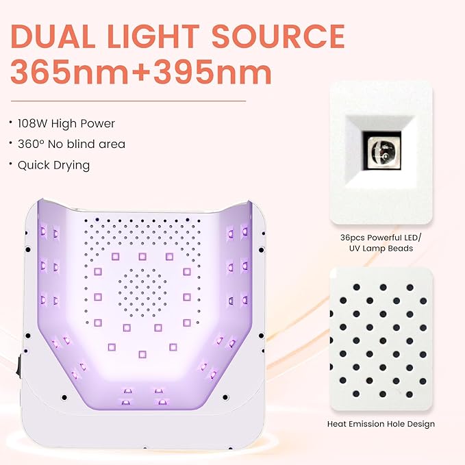 Subay UV Nail Lamp 108W, UV Light for Gel Nail Polish, Cordless LED Nail Lamp with 36 Beads & Touch Display, Nail Light with 4 Timer Modes & Auto Sensor, Fast Curing Nail Dryer for Salon & Home, White