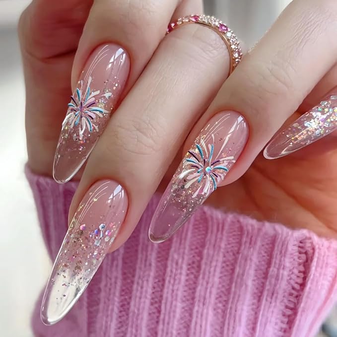 Holographic Firework Nail Art Stickers, Independence Day Patriotic Design, Sparkling Starry Sky Decals for Manicure, 2 Sheets