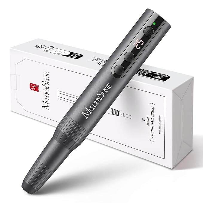 MelodySusie Pen-Shaped Portable Cordless Nail Drill, PC180E 25000RPM Rechargeable Electric File with LED Display for All Nail Care, Manicure Shaping & Acrylic Gel Removal for Nail Artists DIY at Home
