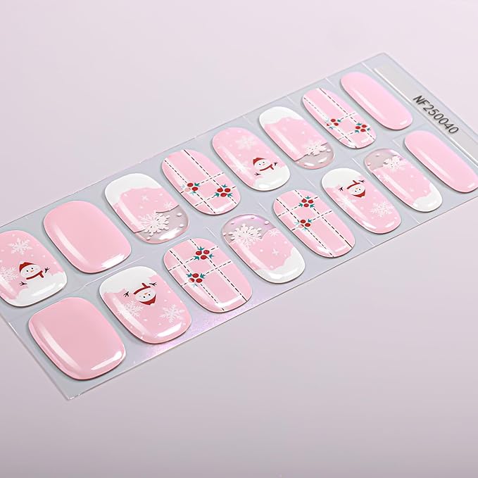 Christmas Semi Cured Gel Nail Strips, 16 Pcs Winter Xmas Gel Nail Stickers Snowman Snowflake Designs Pink Wraps for UV/Led Manicure Lamp Nails Art Decorations