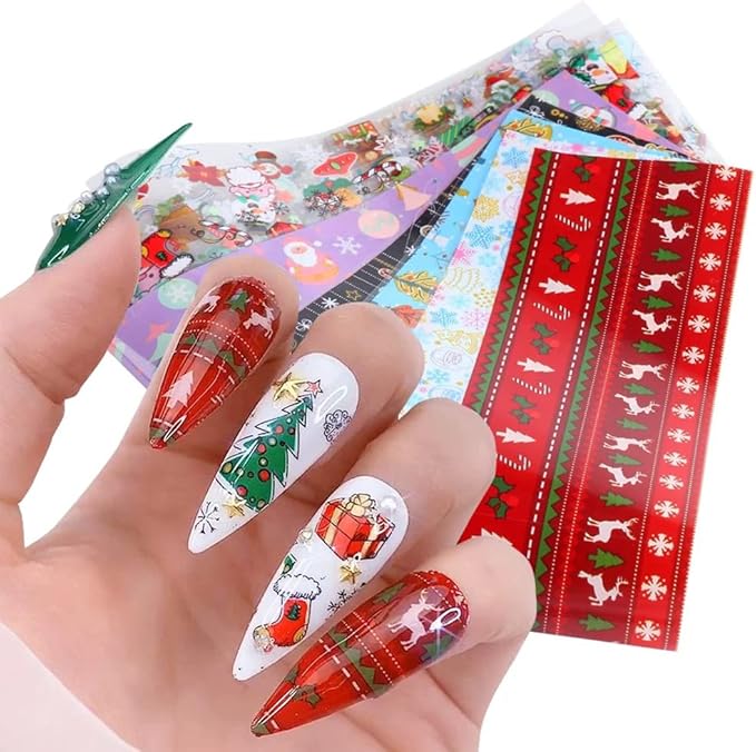 Christmas Nail Stickers Decals Nail Foil Transfer Sticker 10 Sheets Christmas Santa Tree Snowflake Deer Xmas Holiday Decorations Stickers for Manicure Supplies