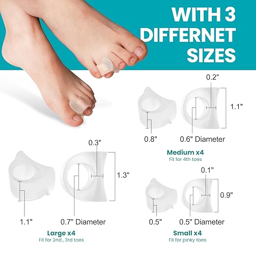 Toe Separators for Overlapping Toes - Promifun Toe Spacers with Aloe Vera Extract for Hammer Toe Straightener, Correct Toes, Big Toe Alignment, Bunion Relief (3 Size, 12 Pack, Clear)