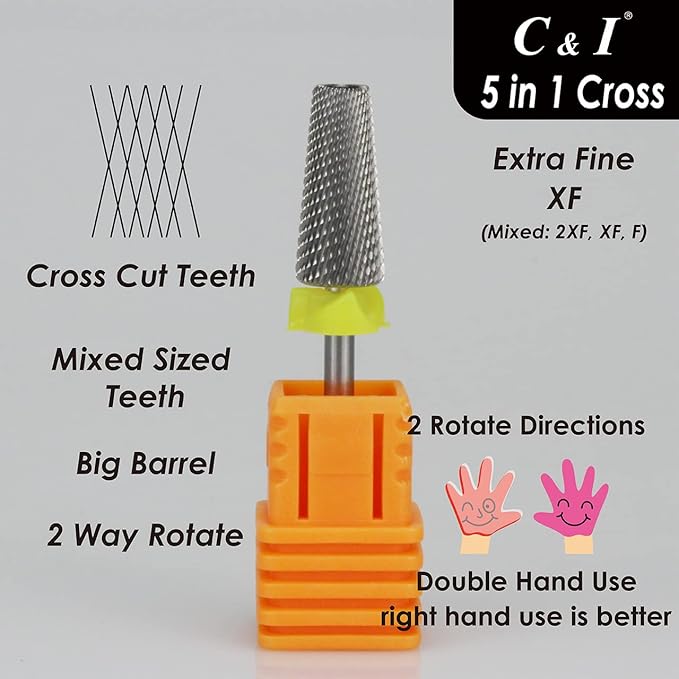 C & I 5 in 1 Multi-Function Tapered Shape Nail Drill, Cross Teeth Edition, Professional Drill Bit for Nail Manicure Machine (Extra Fine - XF)