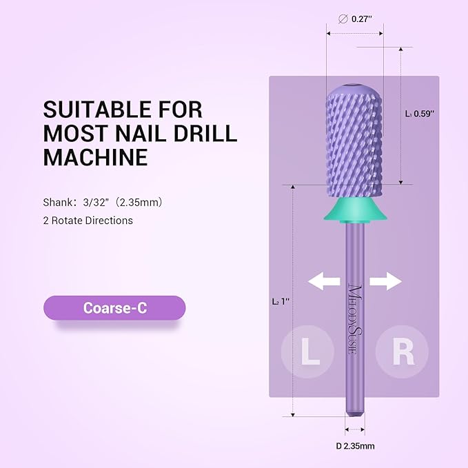 MelodySusie Safety Nail Drill Bits, 3/32'' Smooth Round Top Large Barrel Carbide Bits, Suitable for Manicure Pedicure Cuticle Gel Polishing, Beginners Bits, Purple, Series Bit-S, C