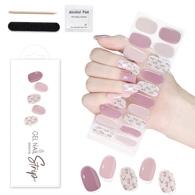 WOKOTO 1 Sheet Semi Cured Gel Nail Strips With Wood Stick, Nail File & Prepared Pads, 20 Tips Pink Flowers Semi Cured Nail Polish Strips, Harden With UV Light Gel Nail Wraps Stickers For Women Girls