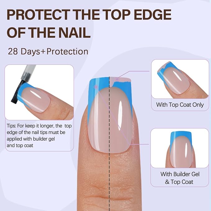 Misssix XBASICTIPS Blue French Tip Press On Nails, 150Pcs French Gel Nail Tips Short Square, Soft Gel Pre-shaped No Need to File 3 in 1 Tips, Fake Nails for Nail Art DIY Extension Designs 15 Sizes