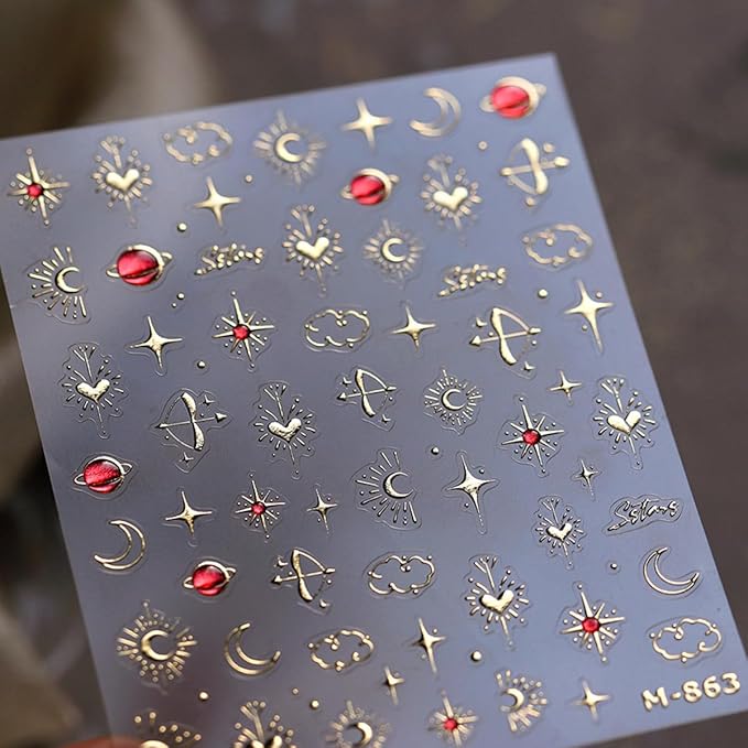 Star Moon Nail Art Stickers Golden 5D Embossed Jelly Nail Decals 1PCS Gold Bronzing Star Moon Planet Luxury Nails Design Self-Adhesive Manicure Slider Accessories for Women DIY Nail Art Decorations