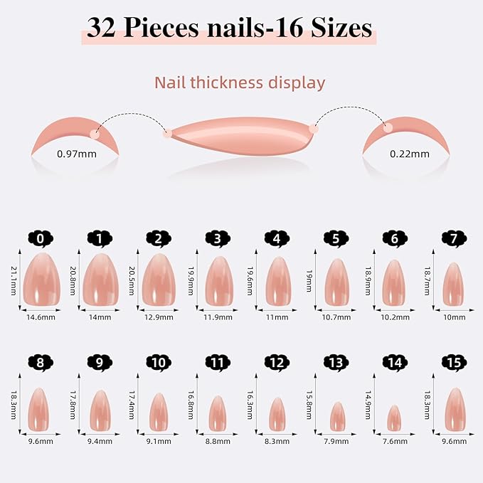 French Tip Press on Nails, Short Press on Nails Almond Reusable Glossy Soft Gel False Nails Press ons for Women, 16 Sizes 32 Count Nails Kit with Glue (SV-01)