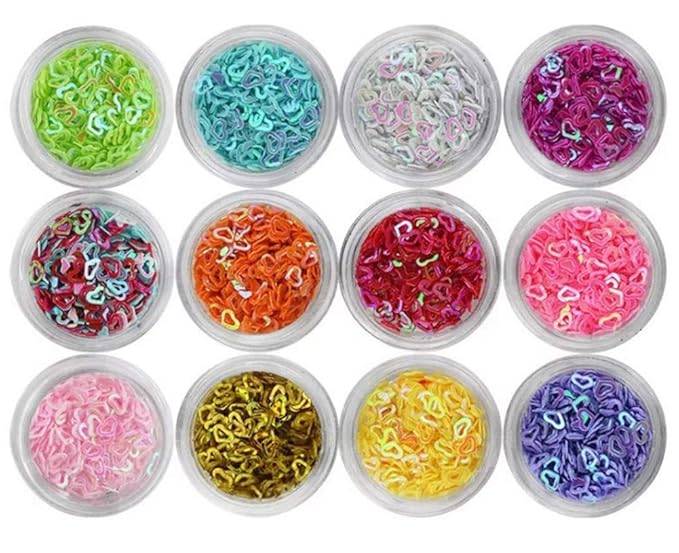 Valentine's Day Nail Art 3D Hollow Heart Pattern Glitter Flakes Sparkly Confetti Nail Art Sticker 12Colors