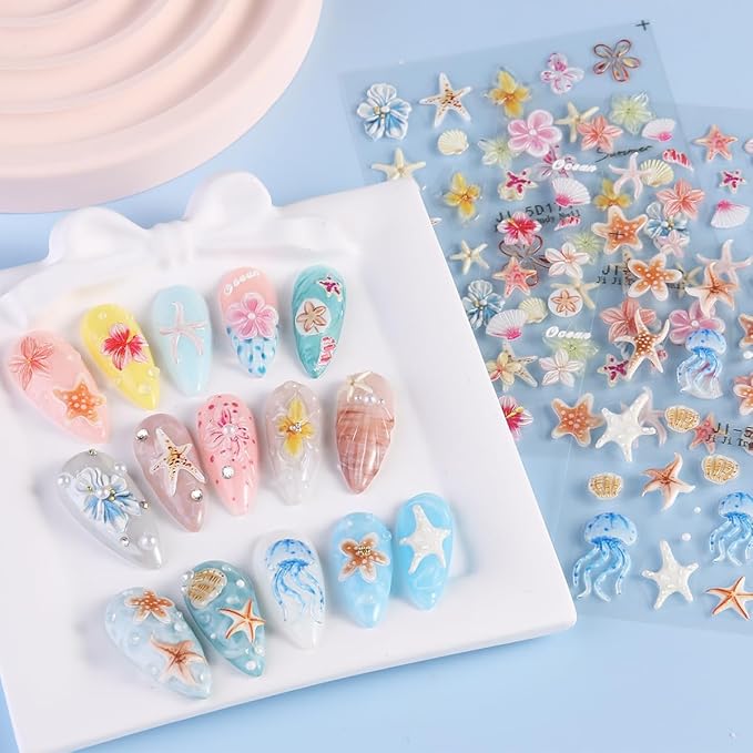 5D Embossed Ocean Nail Stickers, Summer Hibiscus Flowers Sticker for Nails Art Self-Adhesive Floral Decals Starfish Sea Shell Jellyfish Tropical Nail Stickers Pegatinas para Uñas