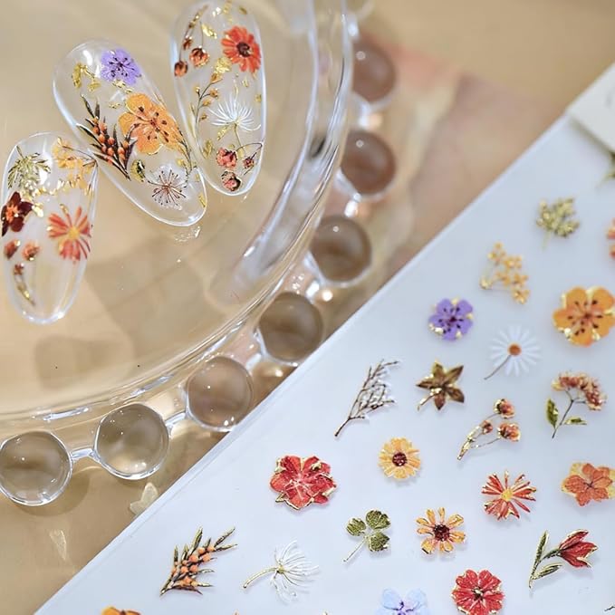 Flower Nail Sticker 5D Embossed Floral Nail Art Stickers Self Adhesive Nail Decals Colorful Flower Nail Art for Women Girls Manicure Supplies Nails Art Decorations