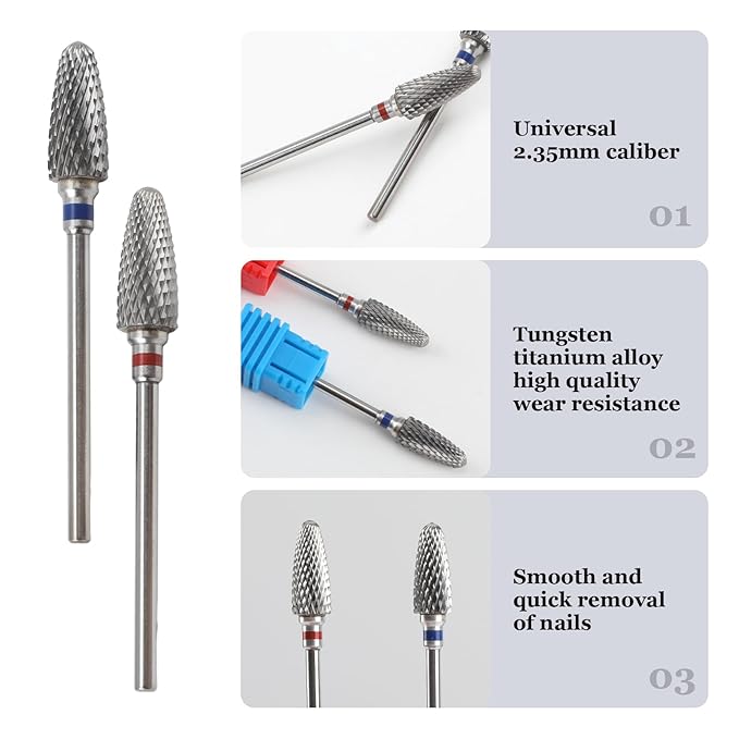 3/32" 5 in 1 Professional Carbide Nail Drill Bits Sets with Case, 2 Pack Tungsten Safety Drill Bits Tech Cuticle Bit Fast Remove for Manicurist Nail Salon Manicure Pedicure Gel Polishing (Round Head)