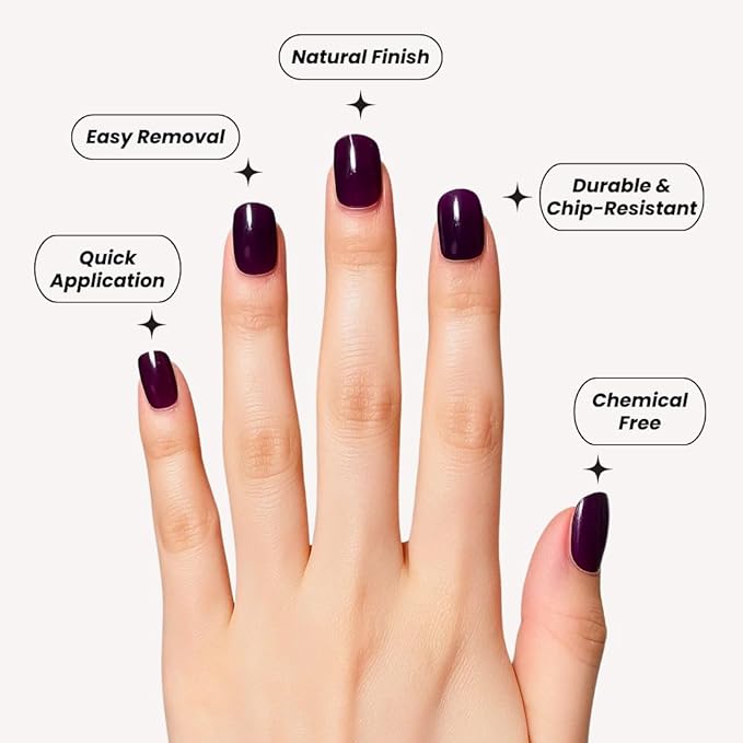 Perfect Look Press On Nails - Velvet Plum | No Glue One-Day Short Squoval Nails, Glossy Deep Purple Nails for Daily Wear - 24 Pcs Nail Kit with Adhesive Tabs