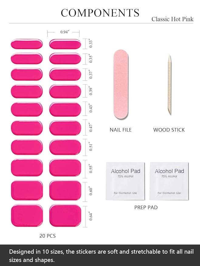 Semi Cured Gel Nail Strips (Classic Hot Pink), 20 Pcs Gel Nail Wraps, Stickers, UV Light Required, Salon Quality, Long Lasting