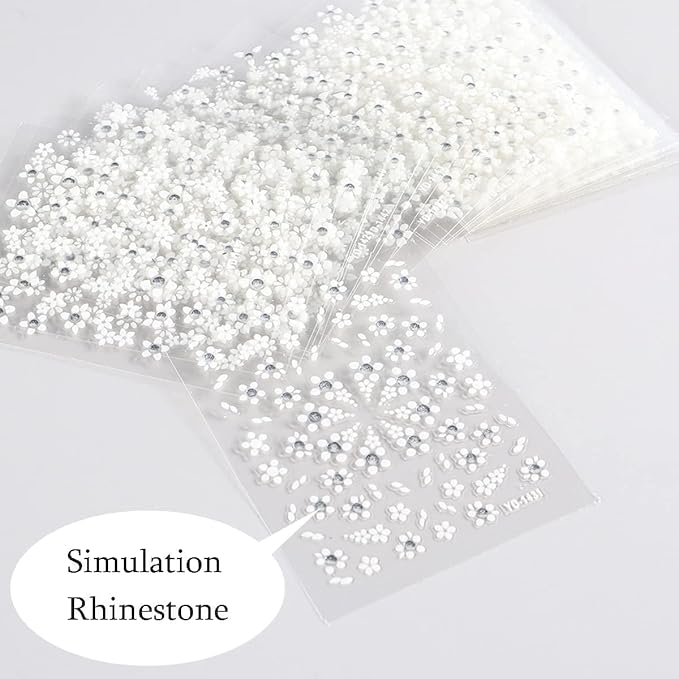 Flowers Nail Art Stickers 3D Self Adhesive Nail Art Supplies White Flower Stickers with Rhinestones Nail Design Floral Blossom Nail Decals for Nails Decorations Manicure Accessories 30Sheets