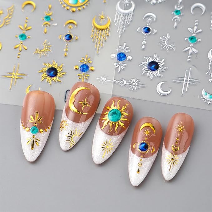 2 Sheets Star Sun Moon Nail Art Stickers 5D Embossed Gold Silver Nail Stickers Bohemian Style Blue Green Crystal Diamonds Design Star Nail Art Decals Manicure Slider for Women DIIY Nail Decorations