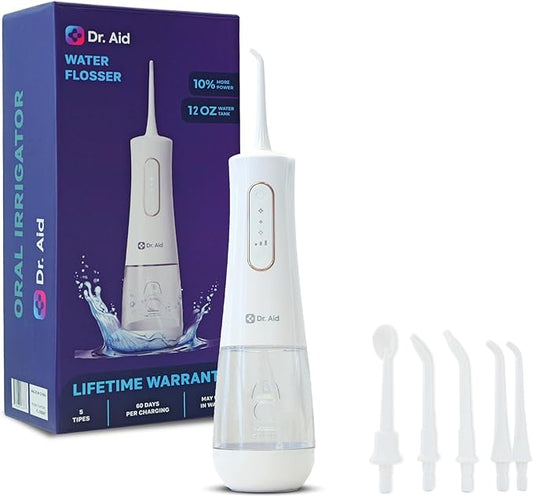 Dr. Aid Dental Water Flosser – Portable Oral Irrigator – 12Oz Tank, Water Filter, 5 Tips, Type C Charger – IPX8 Waterproof Cordless Water Flosser, Ideal Water Flossers for Teeth, Gums, Braces (White)
