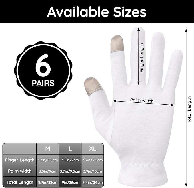 Segbeauty 12 Count Moisturizing Gloves with Touchscreen Fingers, Cotton Glove Liners with Elastic Band for Sleeping Overnight, White Cotton Glovesfor Men and Women, Work Gloves for Coin Handling Large