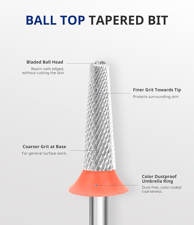 AIRSEE Tungsten Carbide Acrylic Nail Drill Bit Efile Electric File Machine Head Tip for Manicure Polishing Art Remove Gel 3/32" 2 Way Safety Use Ball Top Tapered Bit Cone Shape Fine-F