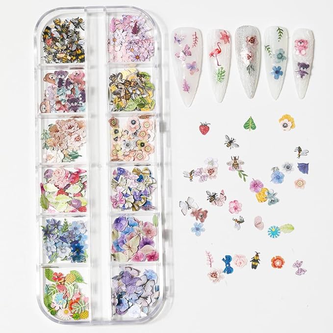 600Pcs 3D Flower Nail Art Charms Bee Bear Sequins Decals Colorful Mixed Bows Letters Design Slice Nail Maple Leaves Ultra Wood Pulp Flakes Sequins 4