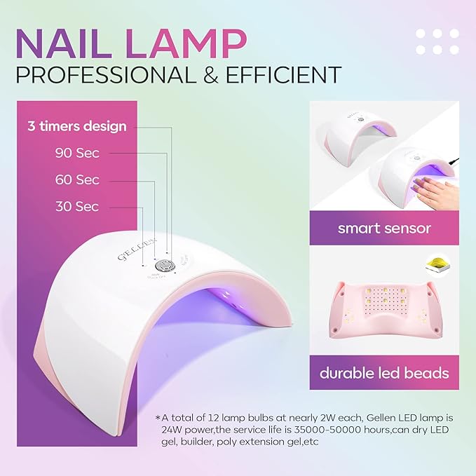 Gellen 10 Colors Gel Nail Polish Starter Kit With UV/LED Light, 24W UV Nail Lamp, Pastel Pink Blue Green Gel Base Top Coat Nail Art Design Tools, All-In-One Gift Set, Salon/Home DIY Gel Manicure Kit