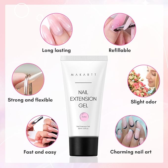 Makartt Poly Nail Gel: 50ML, Sheer Pink Color, Strong Builder for Extension Strengthener 3D Diy, Resistent Hard Gels for Nails Manicure Supplies Home Salon-Azalea
