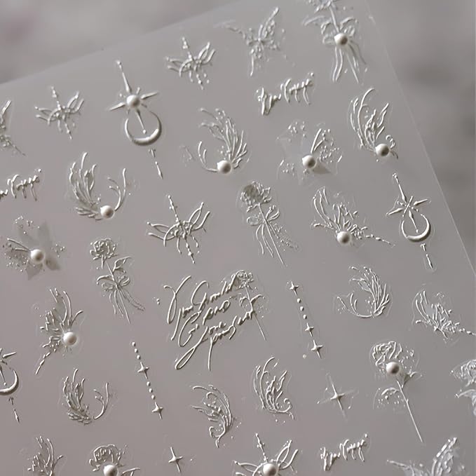 5D Embossed White Butterfly Flower Nail Stickers for Nail Art White Moon Star Nail Art Stickers White Nail Decals with Pearl Design Spring Summer Nail Supplies for Women Girls