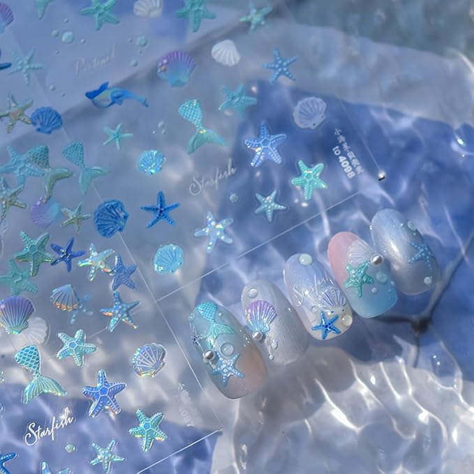 Summer Nail Art Stickers 5D Embossed Shell Starfish Nail Stickers Cute Dolphin Mermaid Nails Art Design Ocean Sea Theme Nail Decals Self Adhesive Nails Supplies for Women Manicure Decoration