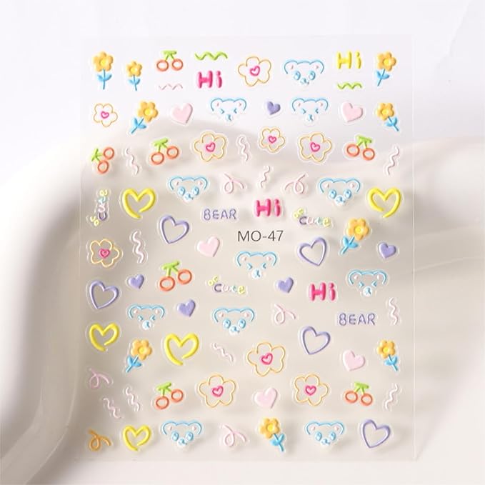 3 Sheets Valentine's Nail Stickers - 5D Embossed Heart Nail Decals for Valentine's Day - Cute Colorful Heart Design for Women & Girls