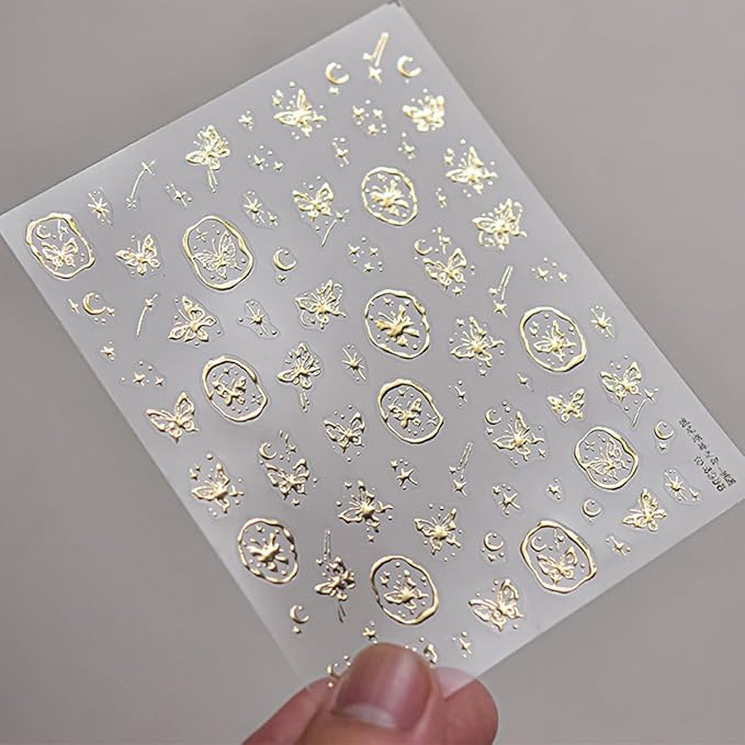 5D Embossed Gold Nail Stickers Butterfly Nail Art Stickers Self-Adhesive Bronzing Butterflies Star Nail Decals Gold Nails Design Manicure Decorations for Women Girls DIY Nail Supplies 1Pcs