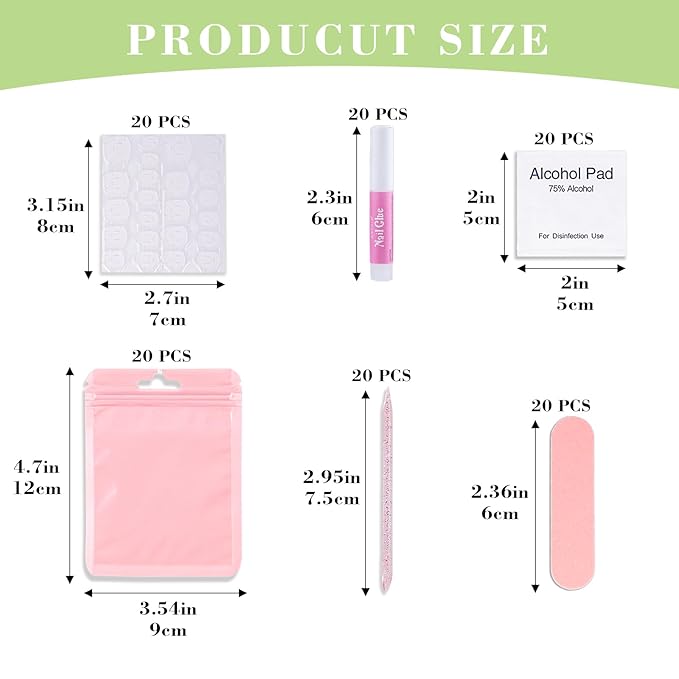 Press On Nail Tool Kit with Everything, Bebbtiy Press On Nail Prep Tool Kit Disposable Manicure Kit with Nail File, Nail Glue, Prep Pads, Adhesive Nail Tabs, Wood Stick, Packaging Bag (20pcs-pink)