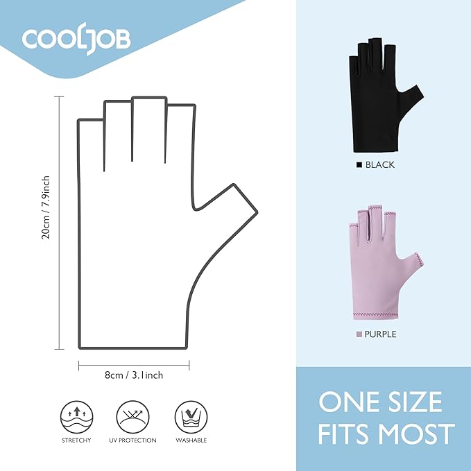 COOLJOB Anti-UV Gloves for Nail Lamp, Professional UPF50+ UV Protection Glove for Manicures, Art Skin Care Fingerless, Women Men Protect Hands from Sun and Nail Dryer Harm, Black, 1 Pair