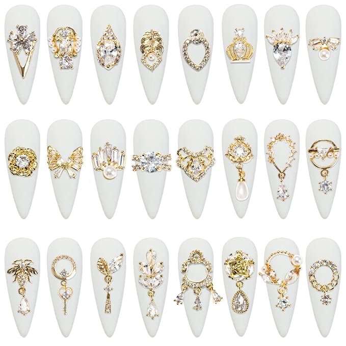 HNUIX Nail Charms and Gems - Gold Copper Zircon, Multiple Shapes 3D Dangle, Metal Jewelry Rhinestones for Nails 24 Pieces