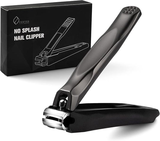 FERYES 3-in-1 Fingernail Clipper with No-Splash Nail Catcher and Metal Storage Box - Toenail Clipper with Nail File for Men & Women - Black