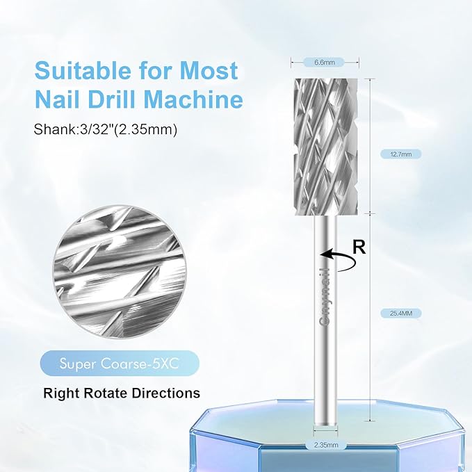 3/32" Large Barrel Bit Tungsten Carbide Nail Drill Bit Safety Bit for Gel & Acrylic Removal, Right Way Rotating Efile Tip, Salon Electric File Accessory (5XC Girt, Silver)