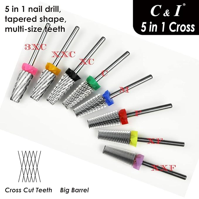 C & I 5 in 1 Multi-Function Tapered Shape Nail Drill, Cross Teeth Edition, Professional Drill Bit for Nail Manicure Machine (Extra Fine - XF)