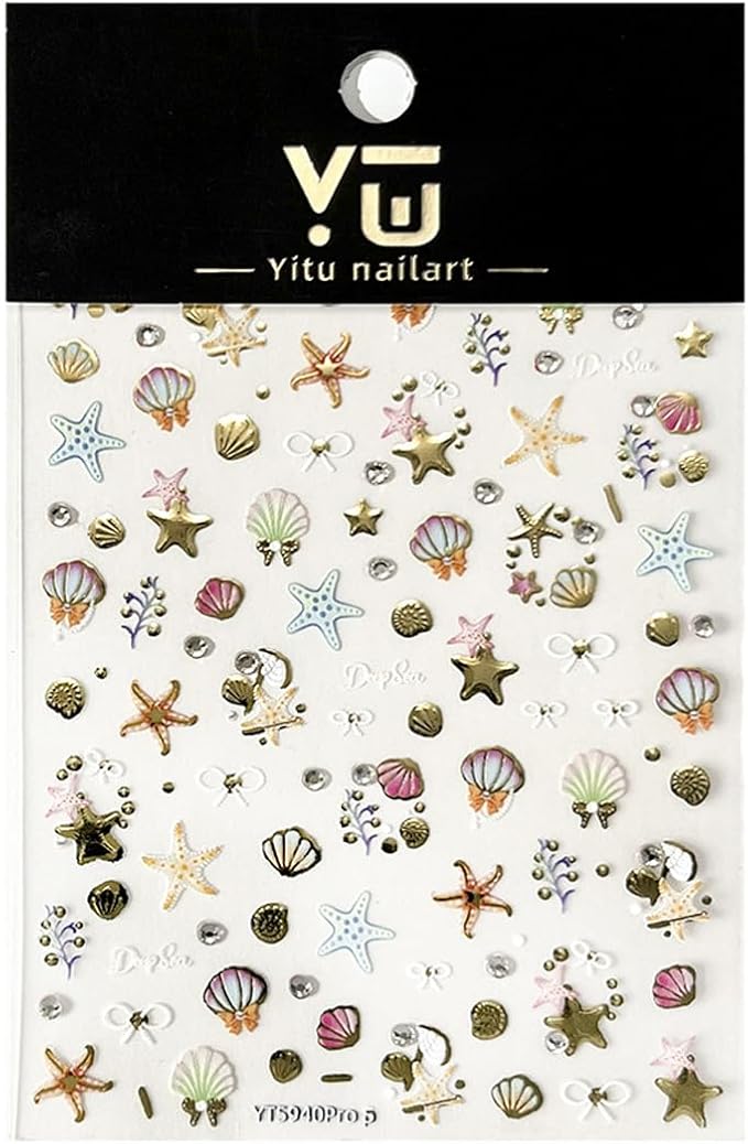 1 Sheets Gold Shell Nail Stickers for Nails Art 5D Embossed Self-Adhesive Summer Nail Art Stickers Ocean Star Jellyfish Design Beach Nail Decals Nail Art Supplies for Women Acrylic Manicure Salon