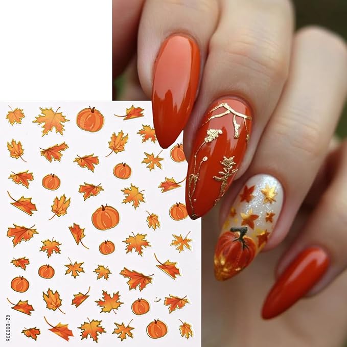 6 Sheets Thanksgiving Day Nail Stickers for Nails Art Fall Nail Decals Self-Adhesive Maple Leaf Nails Art Design Supplies Sticker Acrylic Manicure Tips Decoration Stickers for Women Autumn Nails DIY