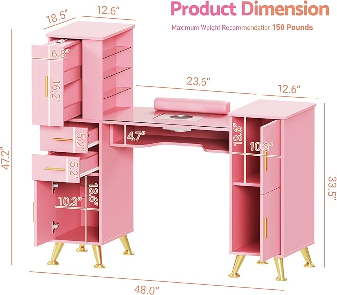Manicure Table Nail Desk with Glass Top & Wrist Rest, Nail Station with Dust Collector & 4 Dust Bags, Beauty Salon Workstation with Storage Drawers & Cabinet (Pink)