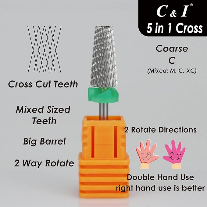 C & I 5 in 1 Multi-Function Tapered Shape Nail Drill, Cross Teeth Edition, Professional Drill Bit for Nail Manicure Machine (Coarse - C)