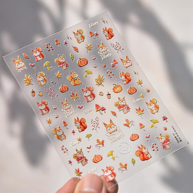 Fall Nail Stickers 5D Embossed Maple Leaf Pumpkin Squirrel Nail Decals Fall Leaves Nails Design Thanksgiving Day Nail Art Stickers Self-Adhesive Maple Leaves Sticker for Women DIY Manicure Decor 1Pcs