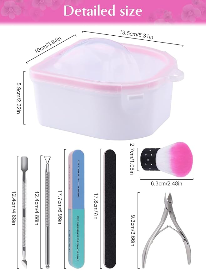 8PCS Nail Soaking Bowl Lorvain Nail Soak Tray with 6PCS Nail Polish Remover Tools Manicure Bowls with Cuticle Peeler Pusher Cutter and Nail Files Professional Nail Art Spa Tools for Salon Home (Pink)