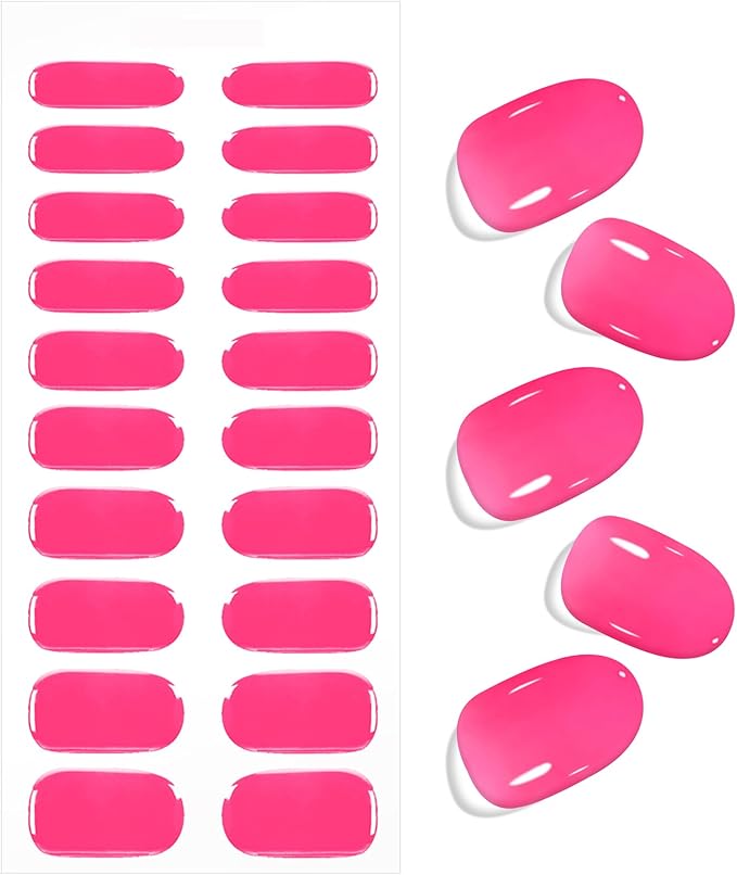 JMEOWIO Gel Nail Stickers Bright Pink Semi Cured Gel Nail Strips Wraps UV/LED Nails Art Design Decoration Accessories