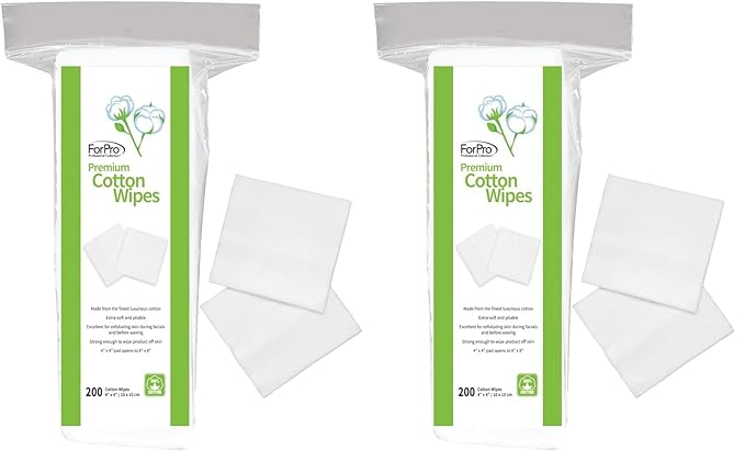 ForPro Premium Cotton Wipes, 100% Cotton, Extra-Soft, for Cosmetic, Nail, and Personal Care, 4” x 4”, 200-Count (Pack of 2)