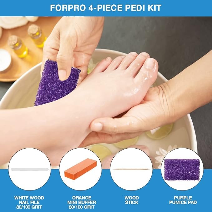 ForPro 4-Piece Pedi Kit, 200-Count, Individually-Packed Pedicure Set, Purple Pumice Pad, White Wood Nail File 80/100 Grit, Orange Mini Buffer 80/100 Grit, Wood Stick