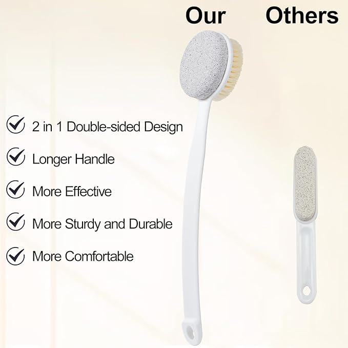 Foot File Callus Remover,Beomeen Pumice Stone for Feet with Long Handle, Hard Skin Callus Remover, 2 in 1 Foot Scrubber Brush, Back Body Brush for Shower Brush Deep Cleansing and Exfoliating (Curved)